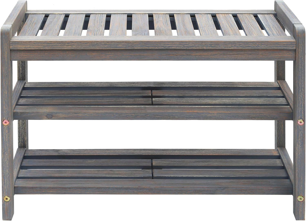 27-Inch Wooden Shoe Bench for Entryway, 3-Tier Storage Organizer, Rustic Shoe Rack Bench for Narrow Spaces, Brush Grey