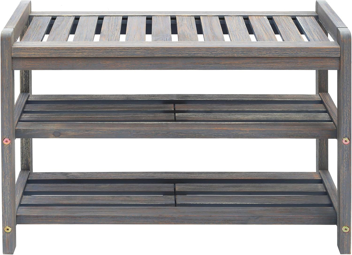 27-Inch Wooden Shoe Bench for Entryway, 3-Tier Storage Organizer, Rustic Shoe Rack Bench for Narrow Spaces, Brush Grey
