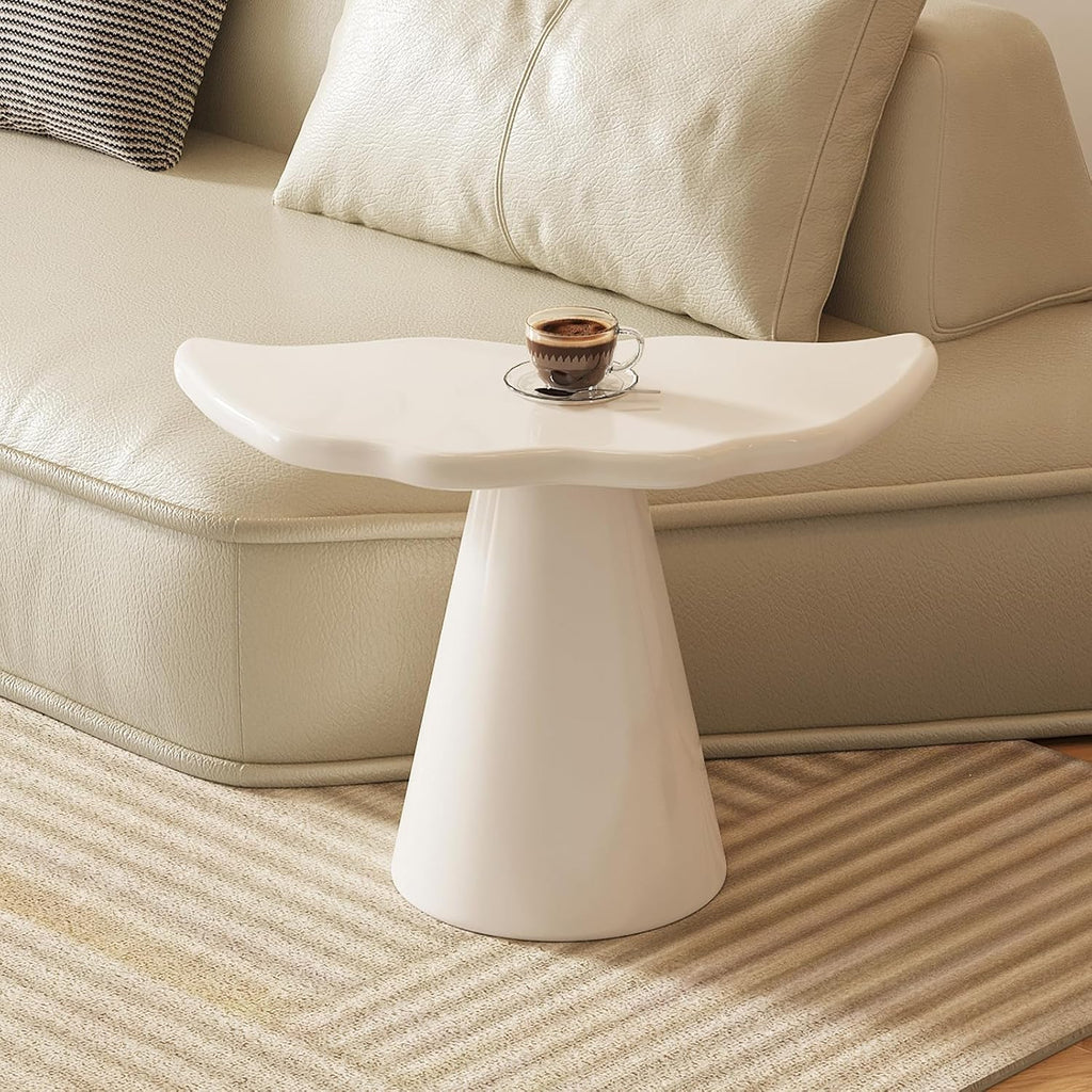 Guyii Irregular End Table, Cream White Side Table, Small Shark Fin Sofa Table for Living Room, Office, Home, Bedroom, Easy Assembly