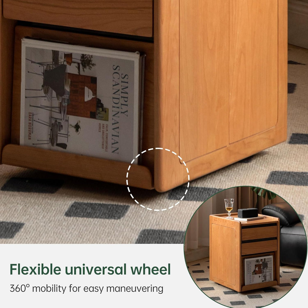 YESWOOD Solid Cherry Wood Side Table with Wheels, Narrow Side Tables with Storage Drawers, Rolling Wood Nightstand for Bedroom Living Room Study(Cherry Color, 22.76" H)