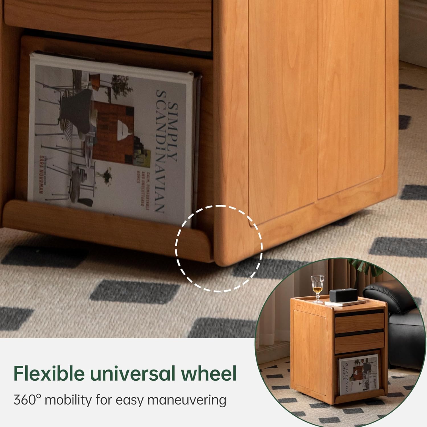 YESWOOD Solid Cherry Wood Side Table with Wheels, Narrow Side Tables with Storage Drawers, Rolling Wood Nightstand for Bedroom Living Room Study(Cherry Color, 22.76" H)