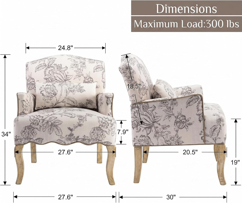 Shunzhi Floral Accent Chairs Farmhouse Upholstered Armchair Linen Reading Chair Mid Century Modern Single Sofa Chair with Pillow for Bedroom/Living Room/Fireplace, Beige, 1PC