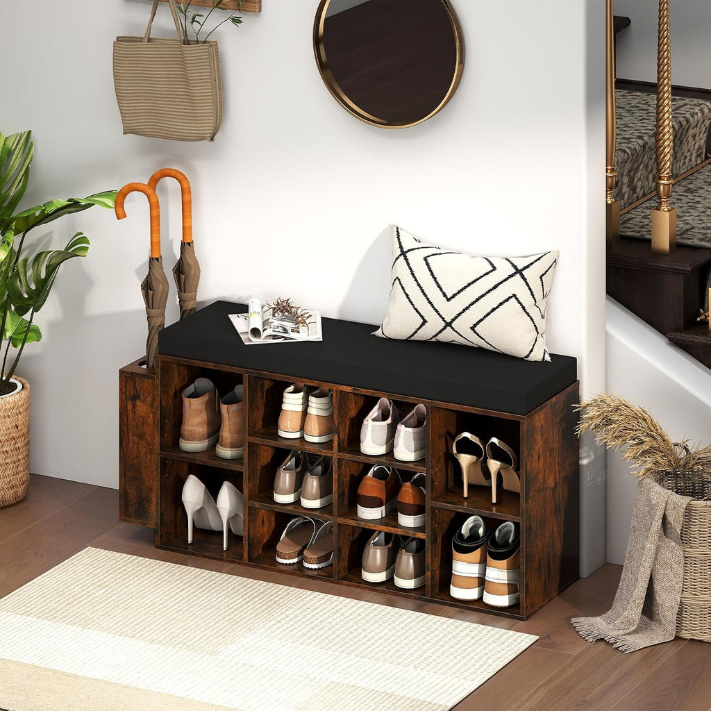 Giantex Shoe Storage Bench with Umbrella Stand, 10-Cubby Entryway Shoe Rack Organizer with Padded Seat, Adjustable & Removable Shelves for Hallway, Living Room & Bedroom (Rustic Brown)