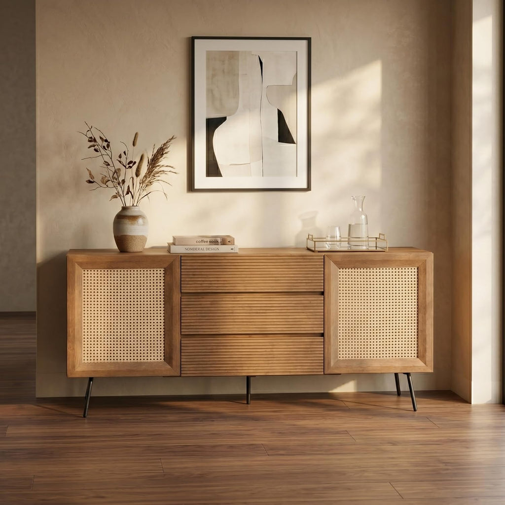 NTC MOSSIC Modern Large Sideboard with 2 Doors 3 Drawers, Natural Rattan Storage Cabinet, Buffet with Metal Legs, Boho Accent Cabinet for Living Room, and Entryway, Effortless Assembly, Teak Look