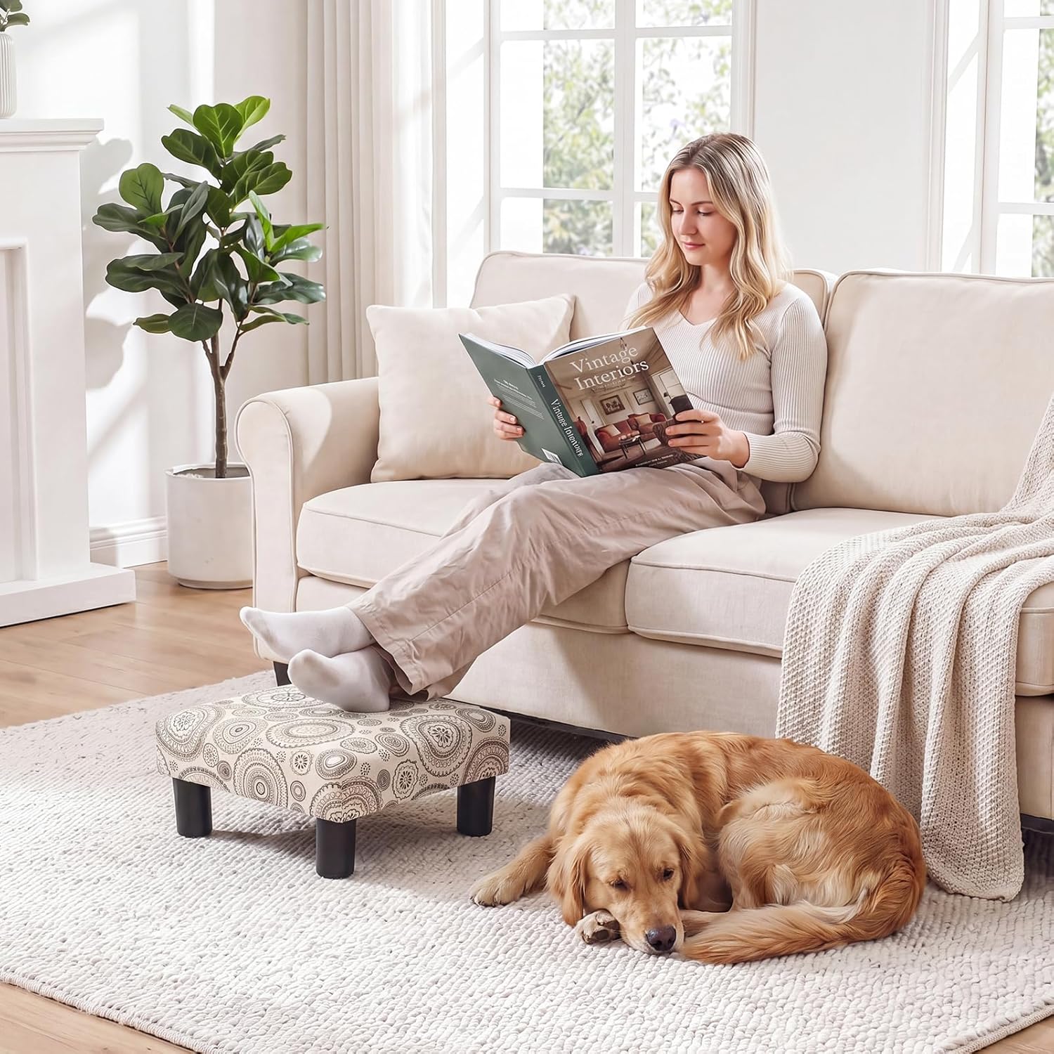 Joveco Small Foot Rest Stool Ottoman, Square Upholstered Fabric Footstool for Couch, Under Desk, Office, Living Room, Printing Beige