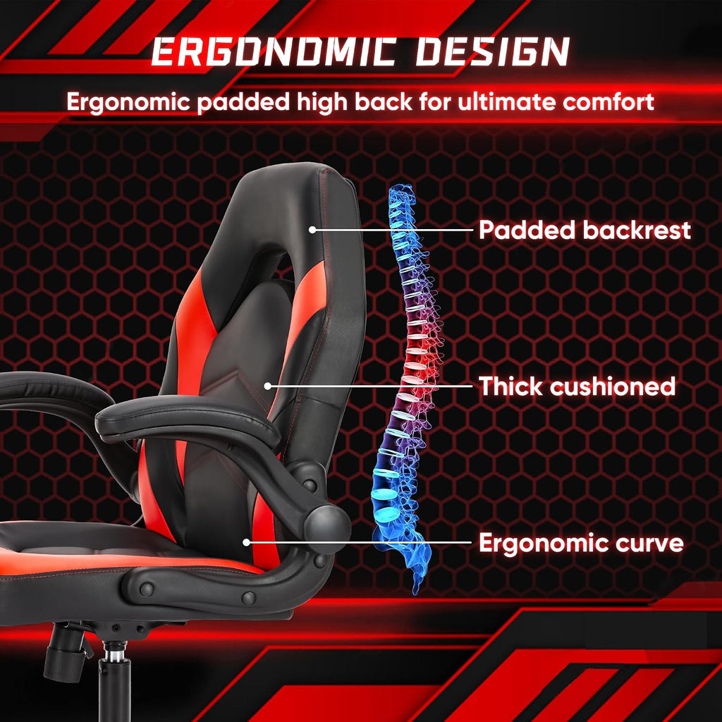 OLIXIS Computer Gaming Chair, Lumbar Support, Video Game | PU Leather, Flip-up Armrests, Adjustable Height, 360° Swivel Wheels, Ergonomic Home Office Desk, Black and Red