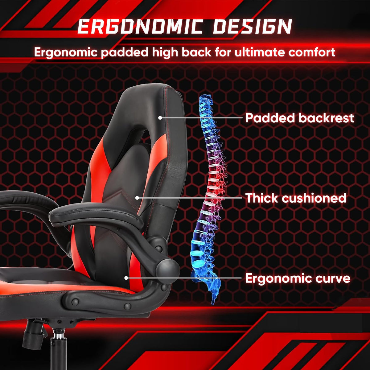 OLIXIS Computer Gaming Chair, Lumbar Support, Video Game | PU Leather, Flip-up Armrests, Adjustable Height, 360° Swivel Wheels, Ergonomic Home Office Desk, Black and Red