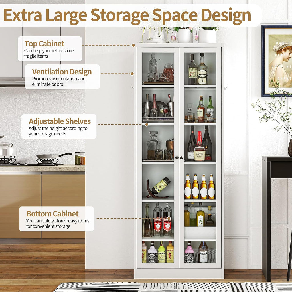 Kitchen Pantry Cabinet, 72" H Storage Cabinet with Glass Doors and Adjustable Shelves, Spacious Cupboard with Round Handles, Metal Kitchen Cabinet for Dining Room, Living Room, White