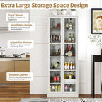 Kitchen Pantry Cabinet, 72" H Storage Cabinet with Glass Doors and Adjustable Shelves, Spacious Cupboard with Round Handles, Metal Kitchen Cabinet for Dining Room, Living Room, White