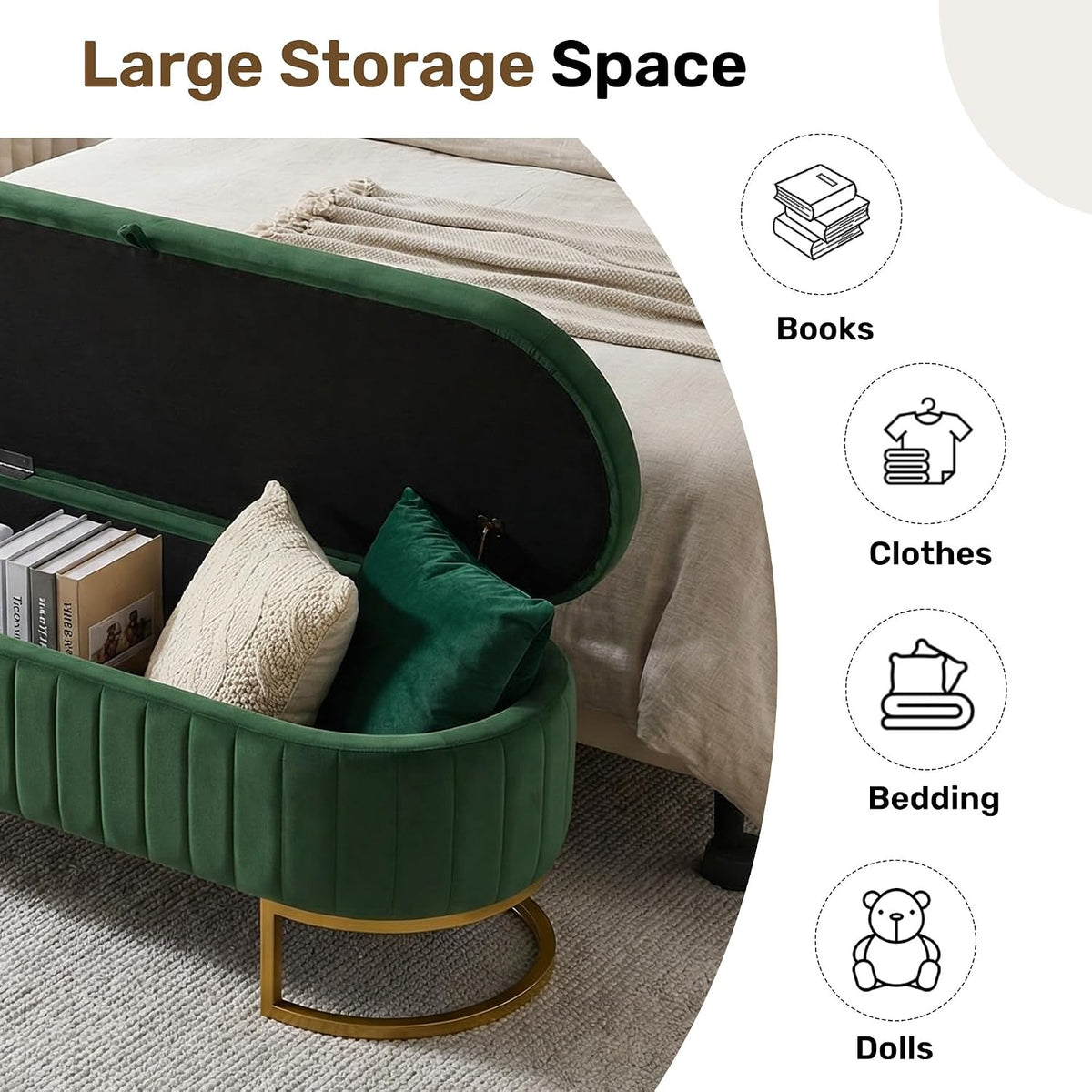 65" Velvet Storage Ottoman Bench End of Bed for Bedroom Entryway Green | Velvet Large Storage Solid Wood with Metal Leg 300 lbs Weight