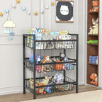 Hastatii Kitchen Storage Basket Shelf, Snack Basket Shelf, 3 Tier Fruit Vegetable Basket Stand, Metal Pantry Storage with 6 Stackable Wire Baskets, Black