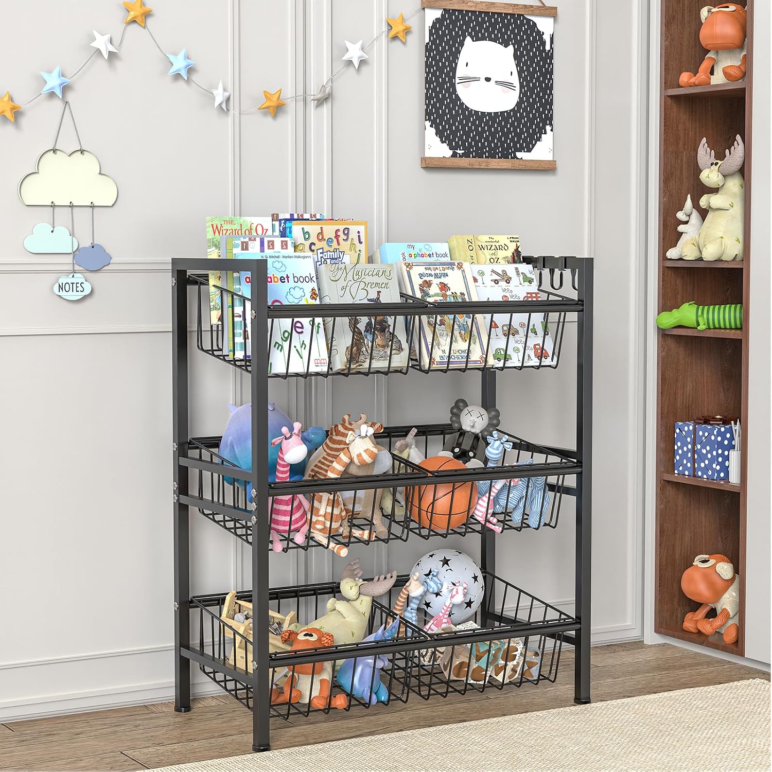 Hastatii Kitchen Storage Basket Shelf, Snack Basket Shelf, 3 Tier Fruit Vegetable Basket Stand, Metal Pantry Storage with 6 Stackable Wire Baskets, Black