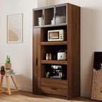Tall Kitchen Pantry Cabinet with Microwave Stand, Walnut Coffee Bar Cabinet with Drawer, Pull-Out Storage Shelves and Aluminum Frame Glass Doors, Freestanding Food Hutch for Kitchen and Dining Room