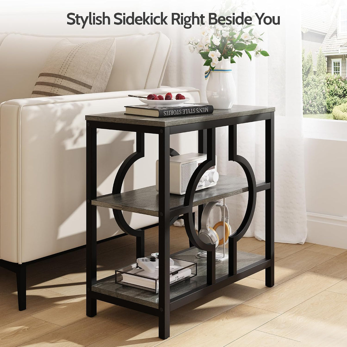 End Table, Narrow Side Table with 3-Tier Storage Shelves, Wood Sofa Side Table with Geometric Metal Frame for Living Room, Industrial Bedside Nightstand for Bedroom (1, Gray)