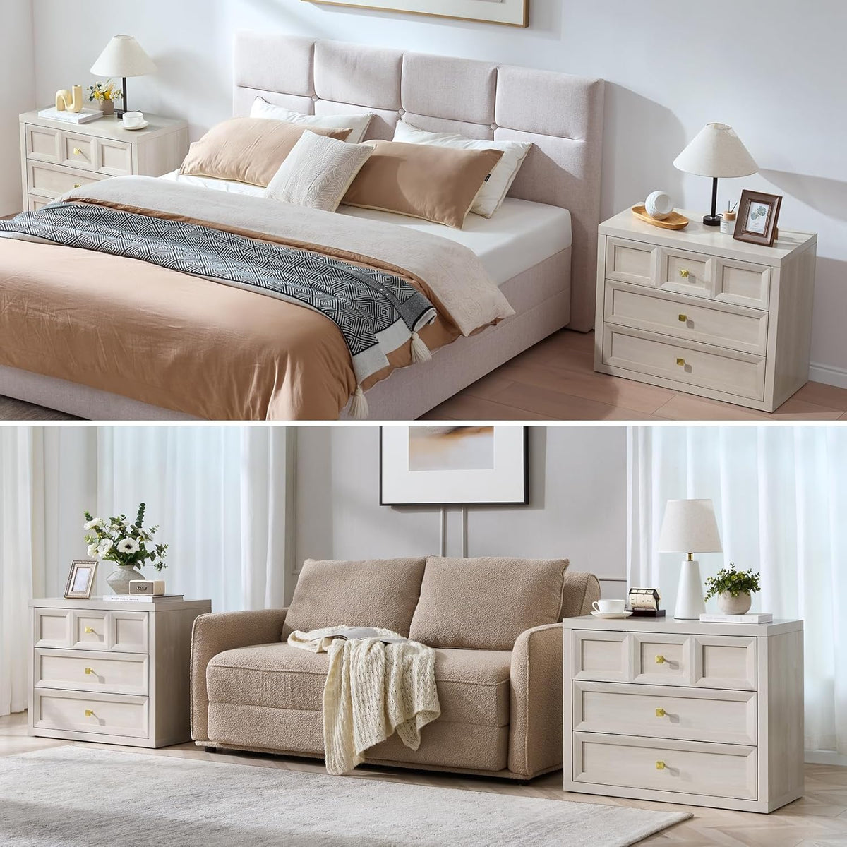 Nightstand Set of 2 W/Charging Station, 30.7" W King Size Bedside Table with 3 Drawers, Accent End Table W/Large Storage, Modern Wood Side Table for Bedroom,Office, Beige