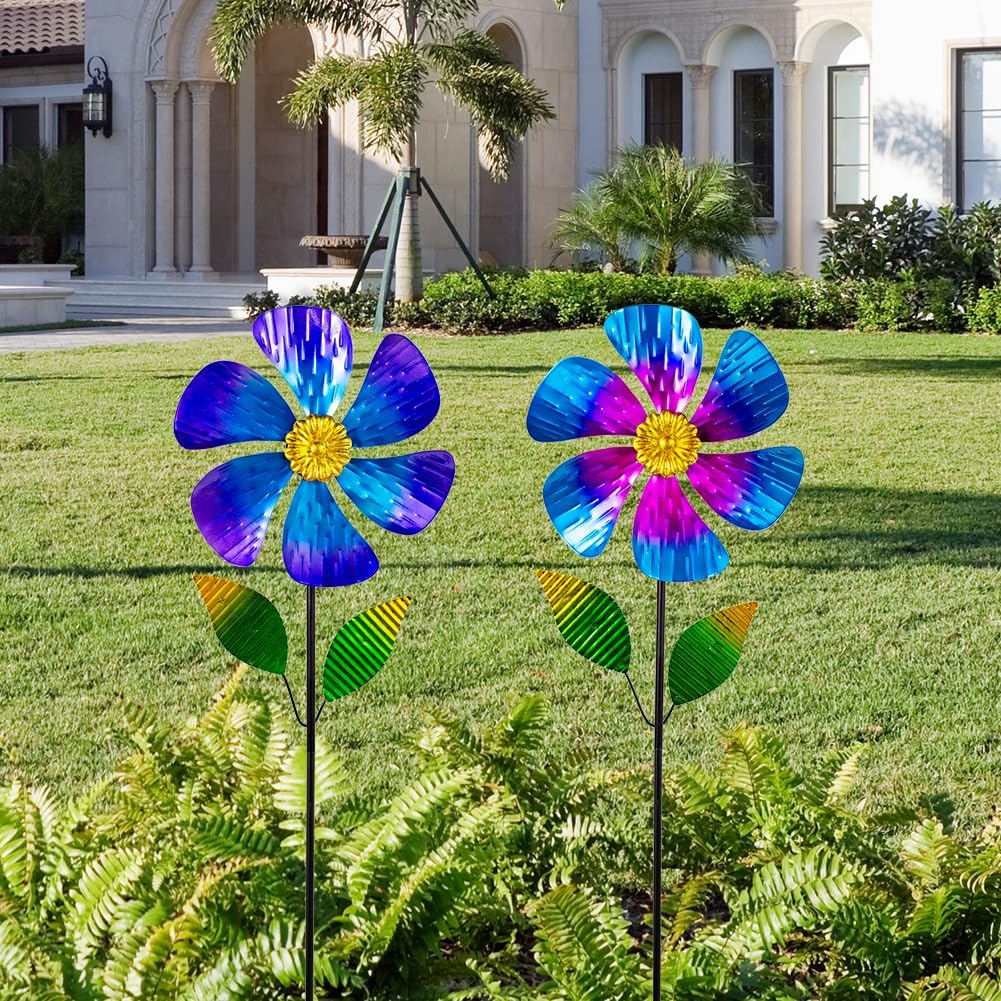Viveta 2 Pack Garden Wind Spinners, 35.4 "Flower Metal Windmill,Pink and Blue Wind Sculpture,Pinwheels for Yard and Garden