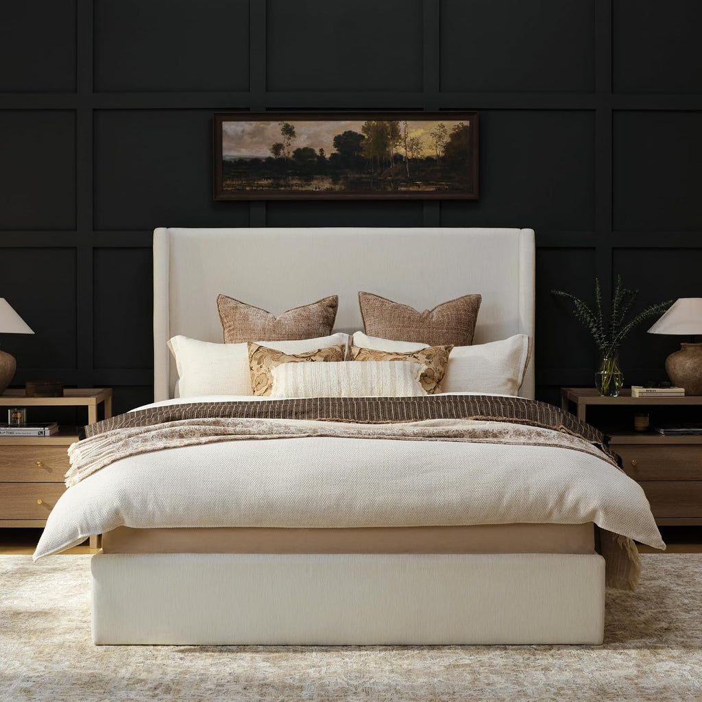 RECCI Queen Bed Frame with 53'' Extra Tall Wingback Headboard, Low Profile Grounded Upholstered Platform Bed Frame, Squeak-Free, Easy Assembly, No Box Spring Needed, Beige