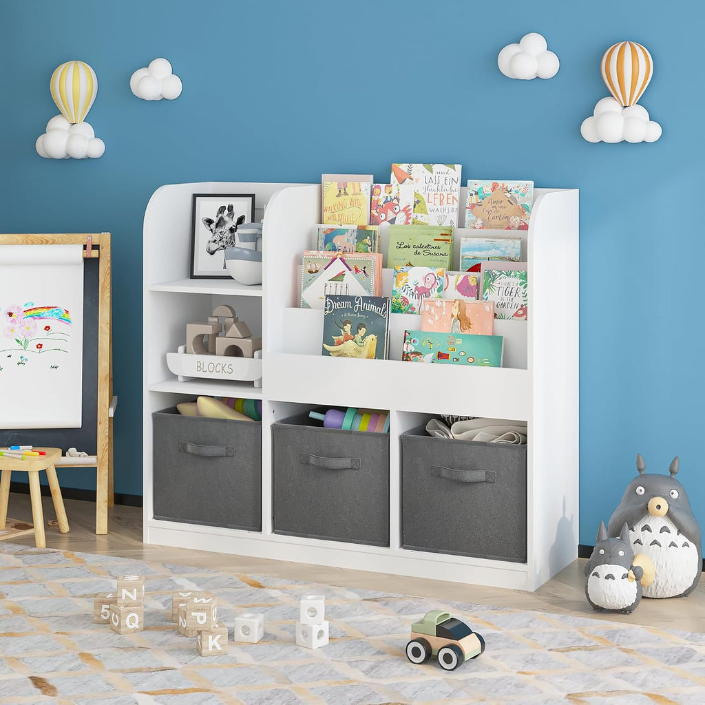 Kids Bookcase with 3 Collapsible Fabric Drawers, Multifunctional Toy | Sturdy MDF construction holds heavy books; anti-tip device for safety; 3 collapsible fabric drawers for toy storage; per