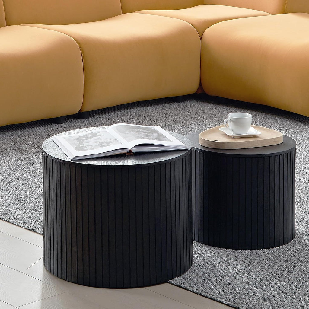 Round Nesting Coffee Table Set of 2, Wood Side Tables with Storage | Fluted Walnut Accent and End Tables Sets, Mid Century Modern, Living room, bedroom, office, small spaces, Black
