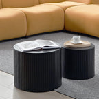 Round Nesting Coffee Table Set of 2, Wood Side Tables with Storage | Fluted Walnut Accent and End Tables Sets, Mid Century Modern, Living room, bedroom, office, small spaces, Black