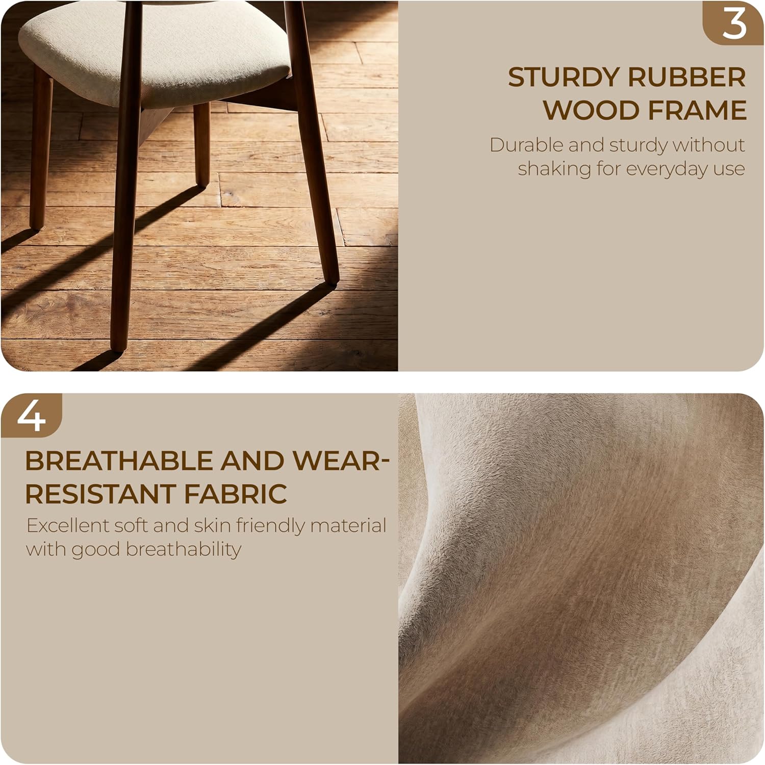 Mid Century Modern Dining Chairs Set of 4, Farmhouse Wooden Fabric Upholstered Kitchen Chairs with Curve Back, Dining Room Chairs for Living Room Restaurant Cafe with Brown Legs, Camel
