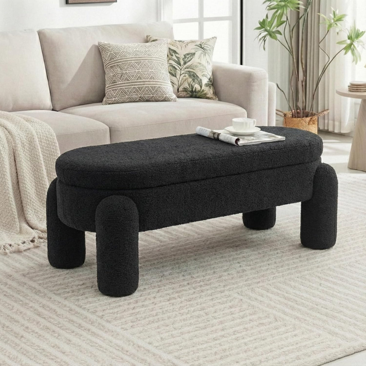 Upholstered Storage Ottoman Bench,45.1" Modern Bench,Large Sherpa Ottoman with Storage and Seating,End of Bed Bench,for Entryway, Hallway, Living Room,Bedroom (Black)