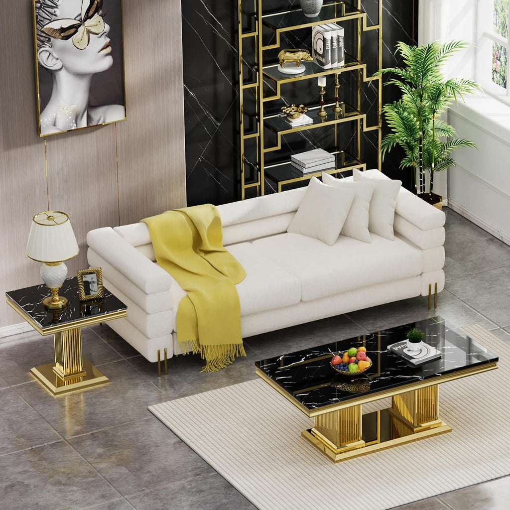 SSLine Square Faux Marble End Table for Living Room Mid-Century Black Marble Side Table with Mirrored Gold Column Frame Luxury End Table with Stainless Steel Pedestal Base