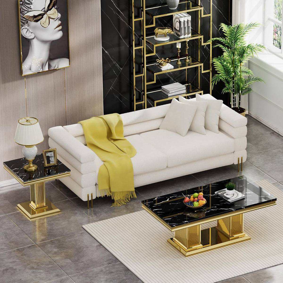 SSLine Square Faux Marble End Table for Living Room Mid-Century Black Marble Side Table with Mirrored Gold Column Frame Luxury End Table with Stainless Steel Pedestal Base