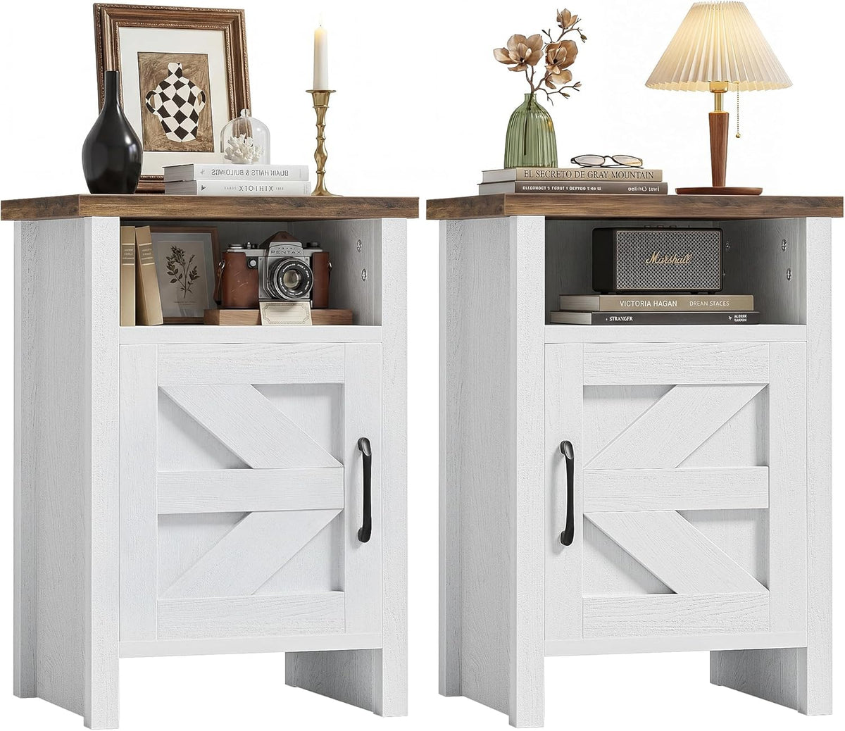 JUMMICO Farmhouse Nightstand, Modern Bedside Table with Barn Door and Shelf, Rustic End Table Side Table for Bedroom, Living Room(2, Rustic & White)