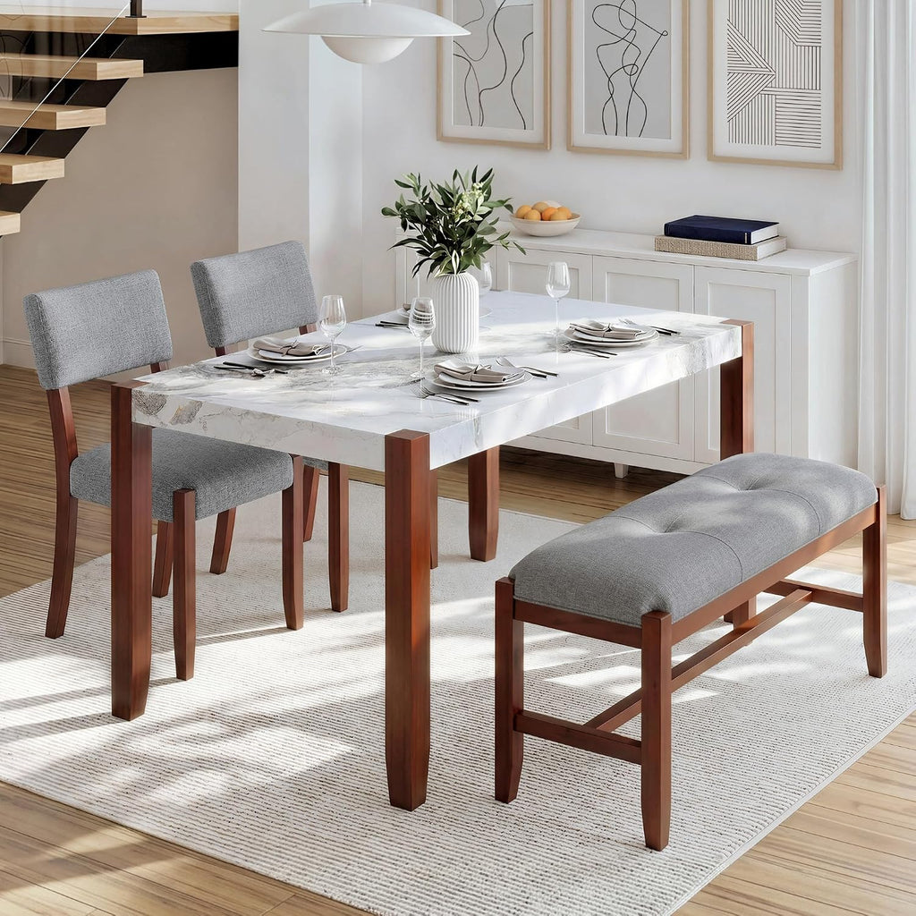 Merax 4 Piece Dining Table Set, Faux Marble Table and 2 Upholstered Chairs 1 Bench, 4 Person Dinette Set for Kitchen, Dining Room, Space-Saving, Gray