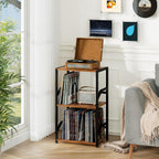 LOAKEKEL Record Player Stand, Vinyl Record Storage Up to 200 Albums, 3 Tier End Table with Removable Dividers, Tall Side Table for Living Room, Bedroom, Rustic Brown, HETCD010BR-1