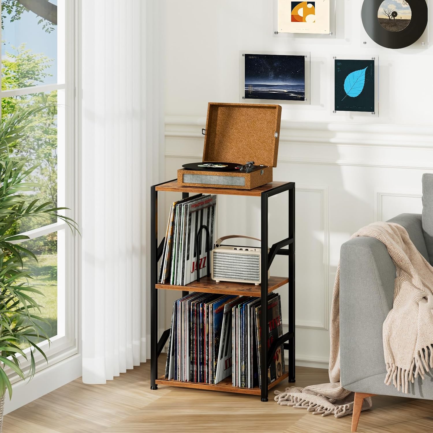 LOAKEKEL Record Player Stand, Vinyl Record Storage Up to 200 Albums, 3 Tier End Table with Removable Dividers, Tall Side Table for Living Room, Bedroom, Rustic Brown, HETCD010BR-1