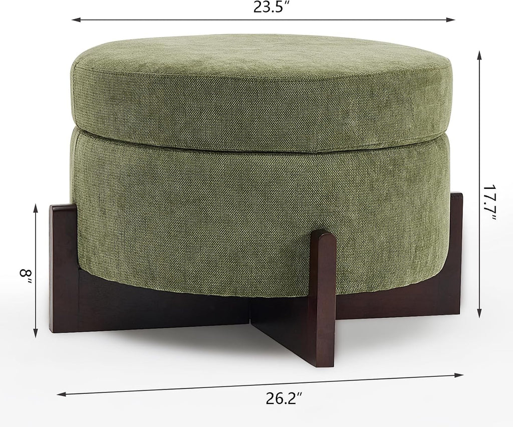26Inch Round Storage Ottoman, Modern Chenille Upholstered Ottoman with Storage, Ottoman Coffee Table with Removable Top, Footrest Stool for Living Room, Bedroom (Green)