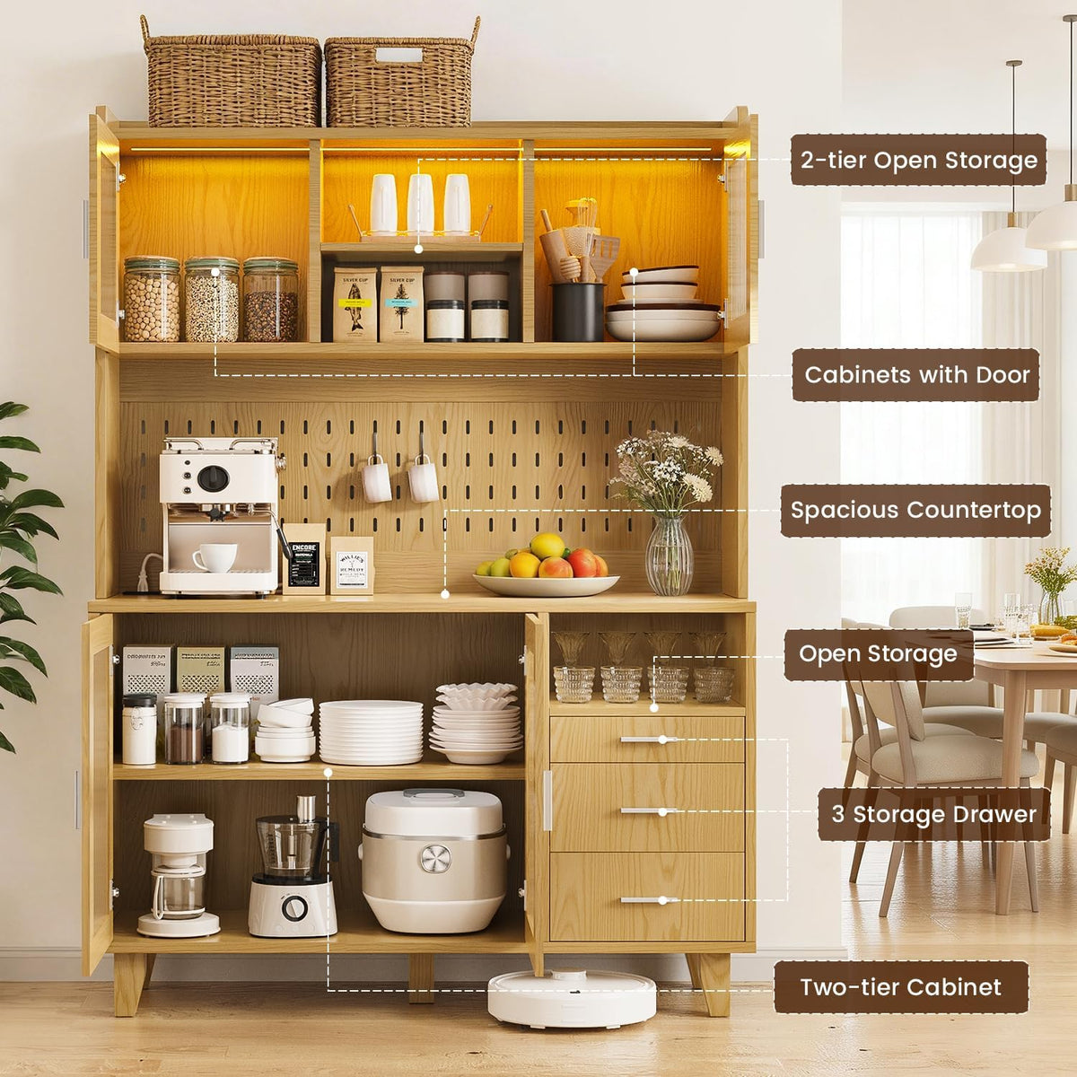 71" Tall Kitchen Pantry Cabinet with Remote LED Light & Charging Station, Farmhouse Freestanding Kitchen Storage Hutch with 3 Drawers, 6 Pegboard Hooks, Open Countertop and Shelves, Natural