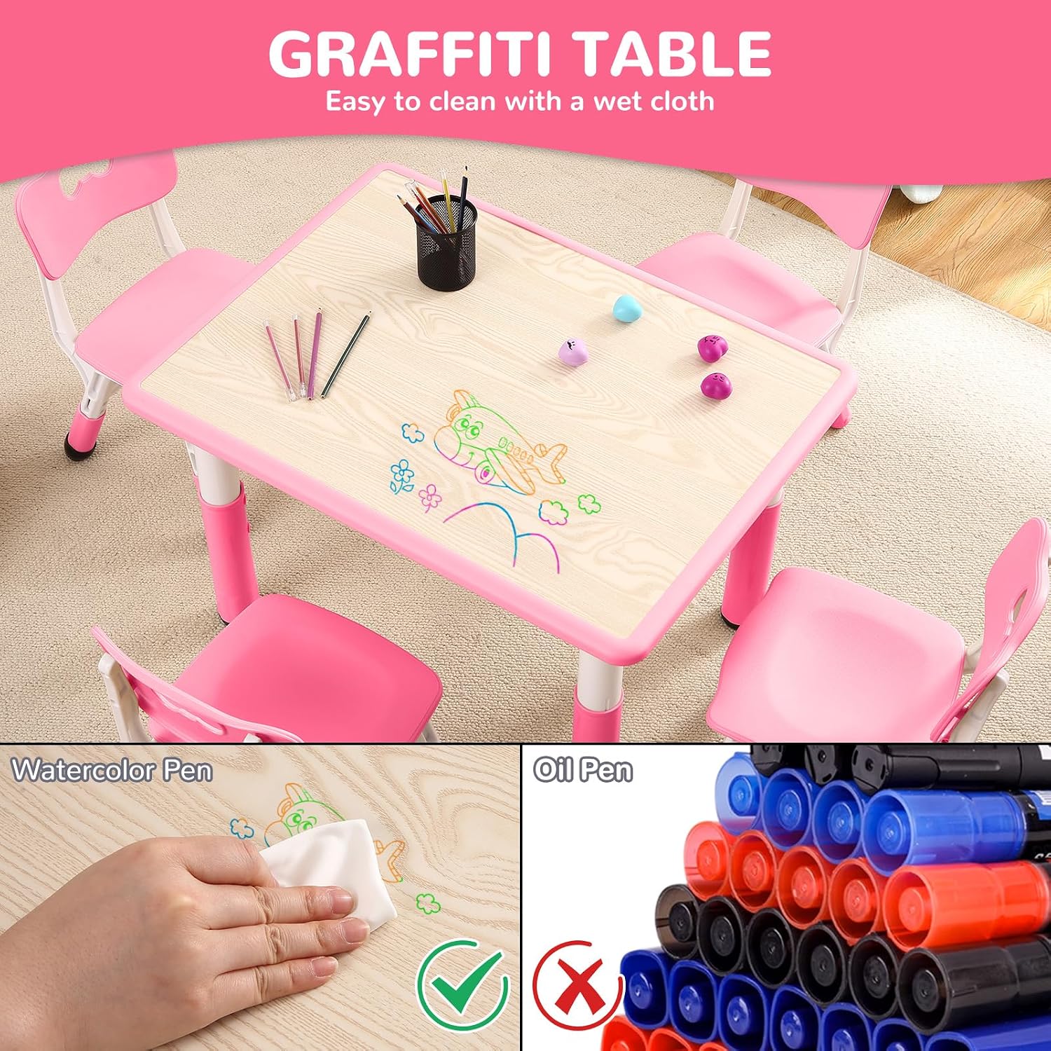 Kids Table and Chairs, Height Adjustable Toddler Table and 4 Chair, Multi-Activity Table with Graffiti Desktop Non-Slip Legs for Ages 2-10, Children Activity Table for Daycare, Classroom, Home