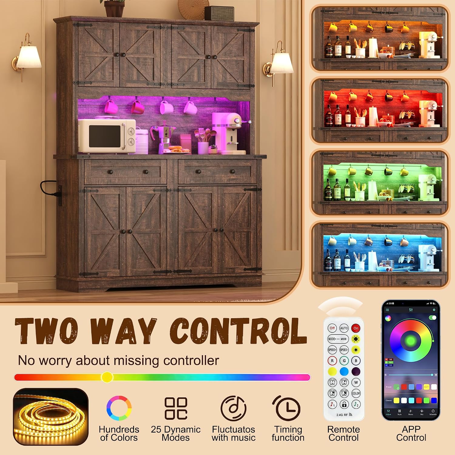 71" Tall Large Pantry Storage Cabinet w/Power Outlet,55" Wide Farmhouse Kitchen Hutch Storage Cabinet w/Barn Doors,2 Drawer,Large Countertop,LED Light,Rustic Coffee Bar,6 Hooks,8 Doors Shelves,Brown