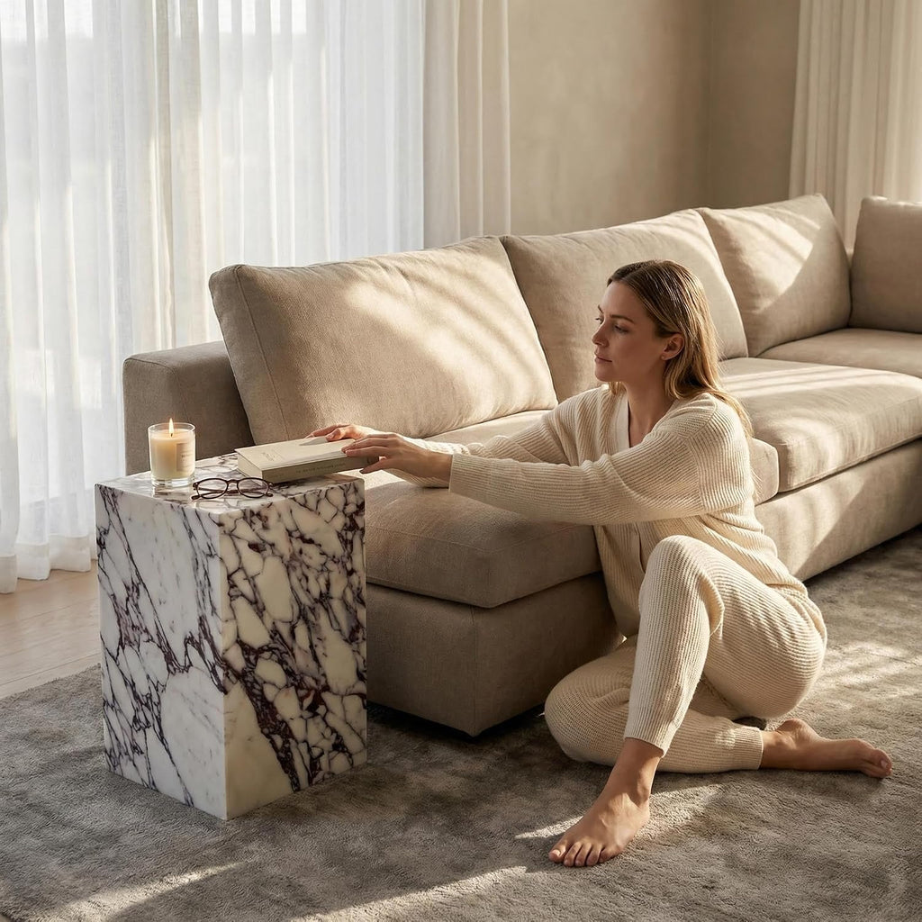 Natural Calacatta Viola Marble Side Table, 11.8" Square End Table for Living Room and Bedroom, Luxury Real Stone Nightstand, Heavy Duty Small Coffee Table, No Assembly Required, 19.6" Height