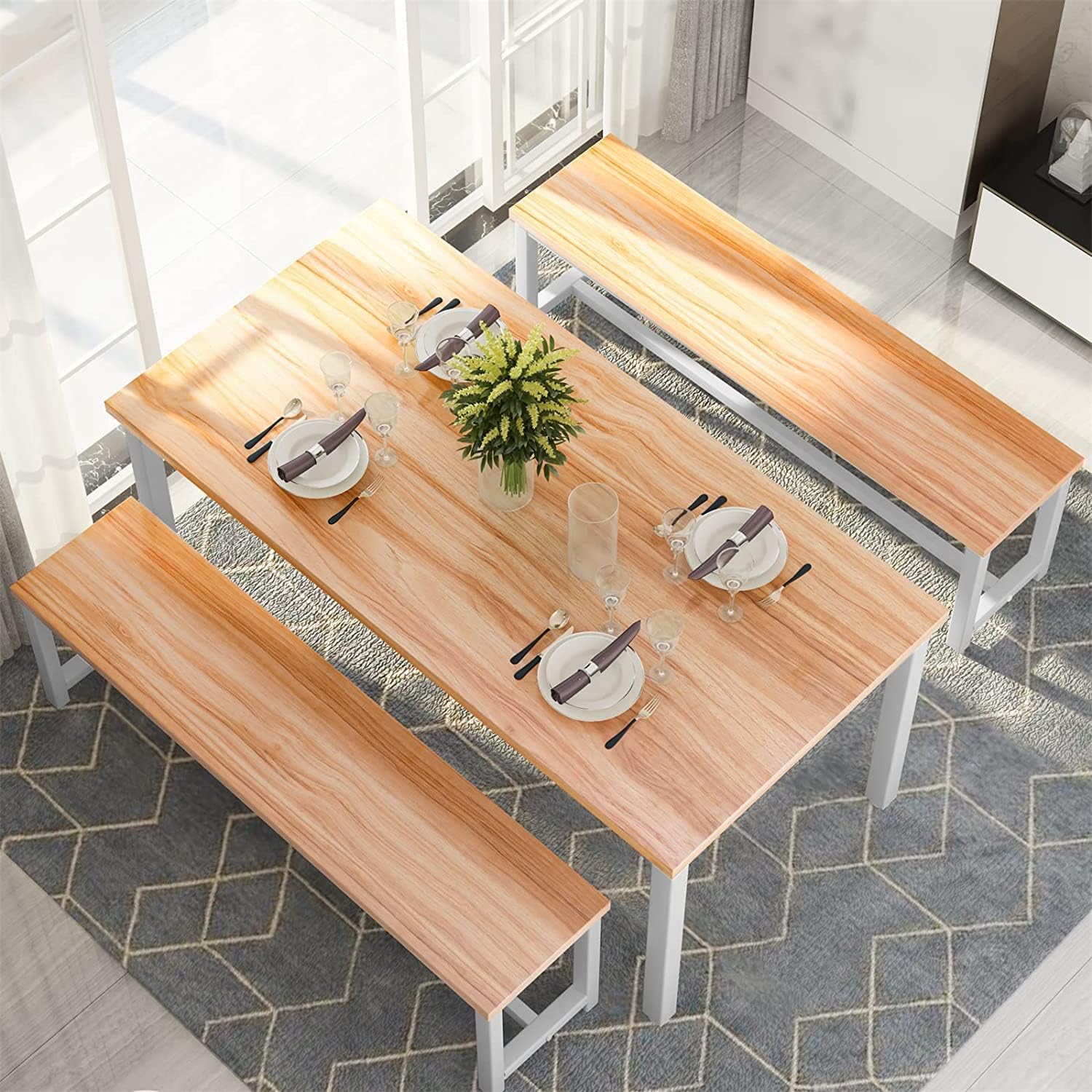 Dining Room Table Set with 2 Benches, Farmhouse Dining Table Set for 4-6, Wood Breakfast Table Set Dinner Table Set Kitchen Table and Chairs for Breakfast Nook Small Spaces, Beige