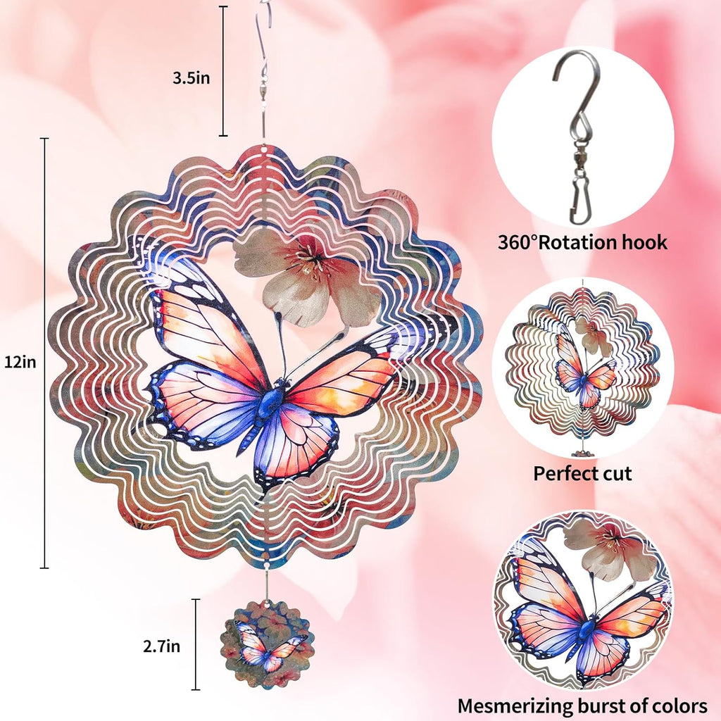 3D Butterfly Wind Spinner for Outdoor Decor, 12 Inch Stainless Steel Metal Wind Sculpture, Weatherproof Garden Art for Yard, Patio, Unique Moving Spinner for Bird Lovers