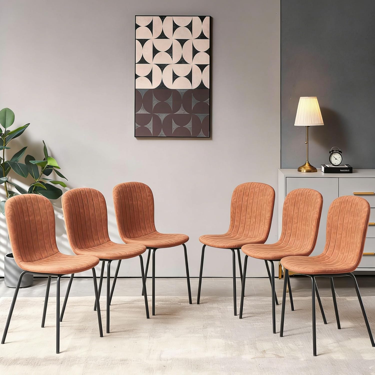 Small Dining Chairs Set of 6, Modern Mid Century Faux Leather Dining Room Chairs with Black Metal Legs, Kitchen Home Living Room Restaurant Apartment, Space-Saving, Brown