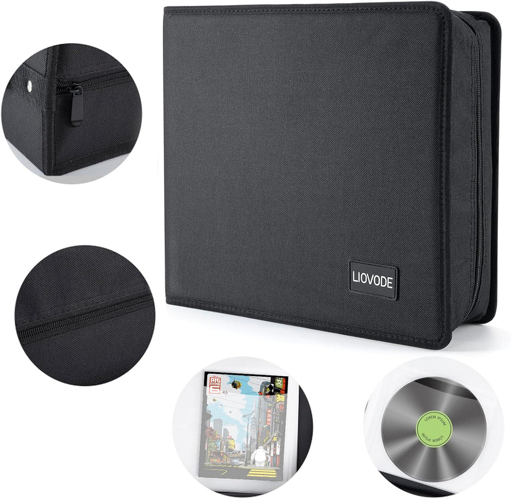 LIOVODE DVD Case 200 DVDs and 100 Booklets Capacity, CD/Blu-ray Storage Binder Case with Booklet Inserts Media Organizer Holder Black Blu ray Wallet for Car (200 Capacity)