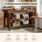 55" Solid Wood Kitchen Island with Storage, Farmhouse Kitchen Island Table with 3-Tier Open Shelves and Large Countertop for Kitchen, Dining & Living Room, Walnut