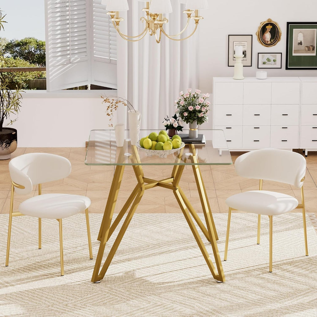 KEIKI 35.4-inch Square Tempered Glass Dining Table, Suitable for 2-4 People, Space-saving Small Kitchen Dining table, Equipped with Sturdy Metal Table Legs, Suitable for Dining Room, Living Room, Gold