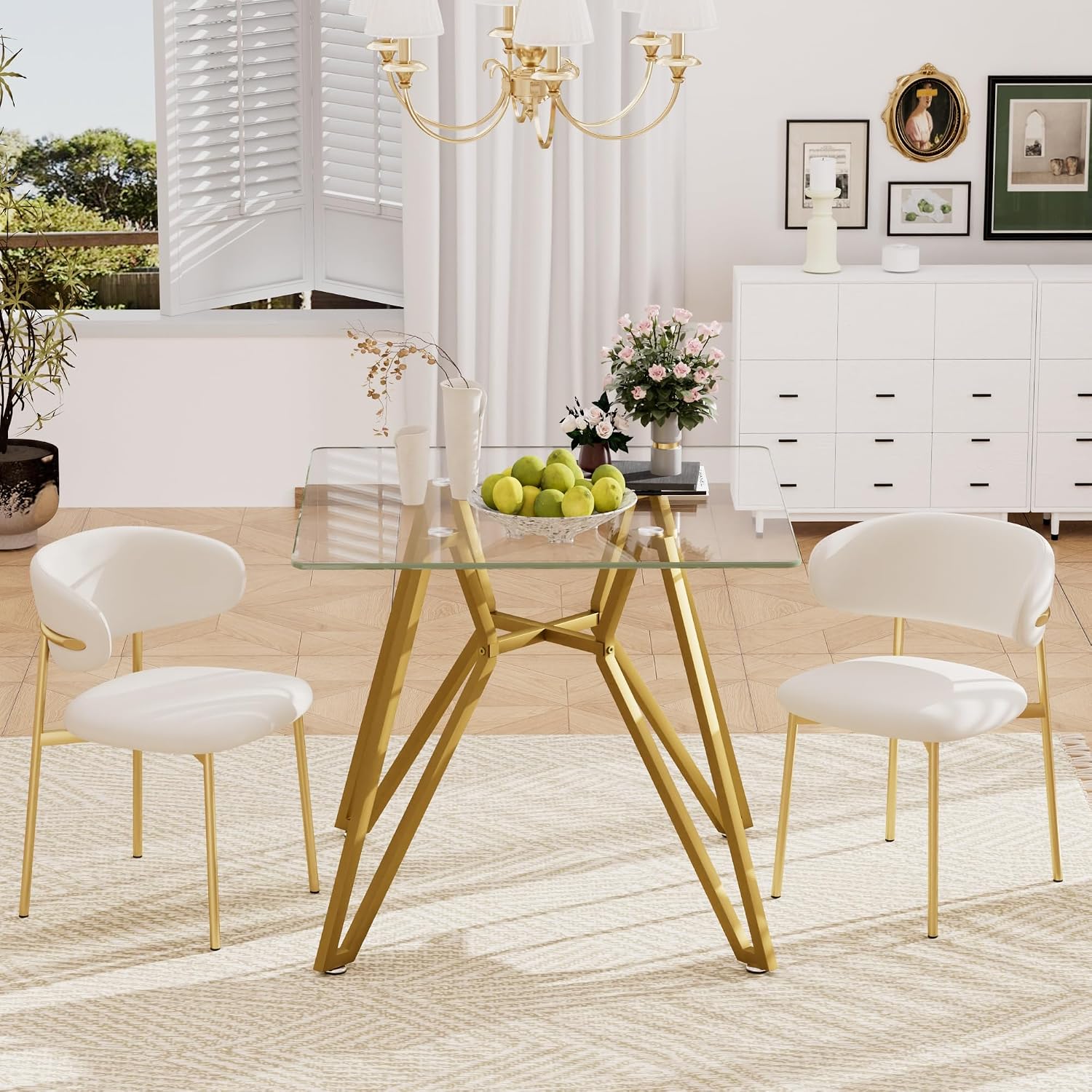 KEIKI 35.4-inch Square Tempered Glass Dining Table, Suitable for 2-4 People, Space-saving Small Kitchen Dining table, Equipped with Sturdy Metal Table Legs, Suitable for Dining Room, Living Room, Gold