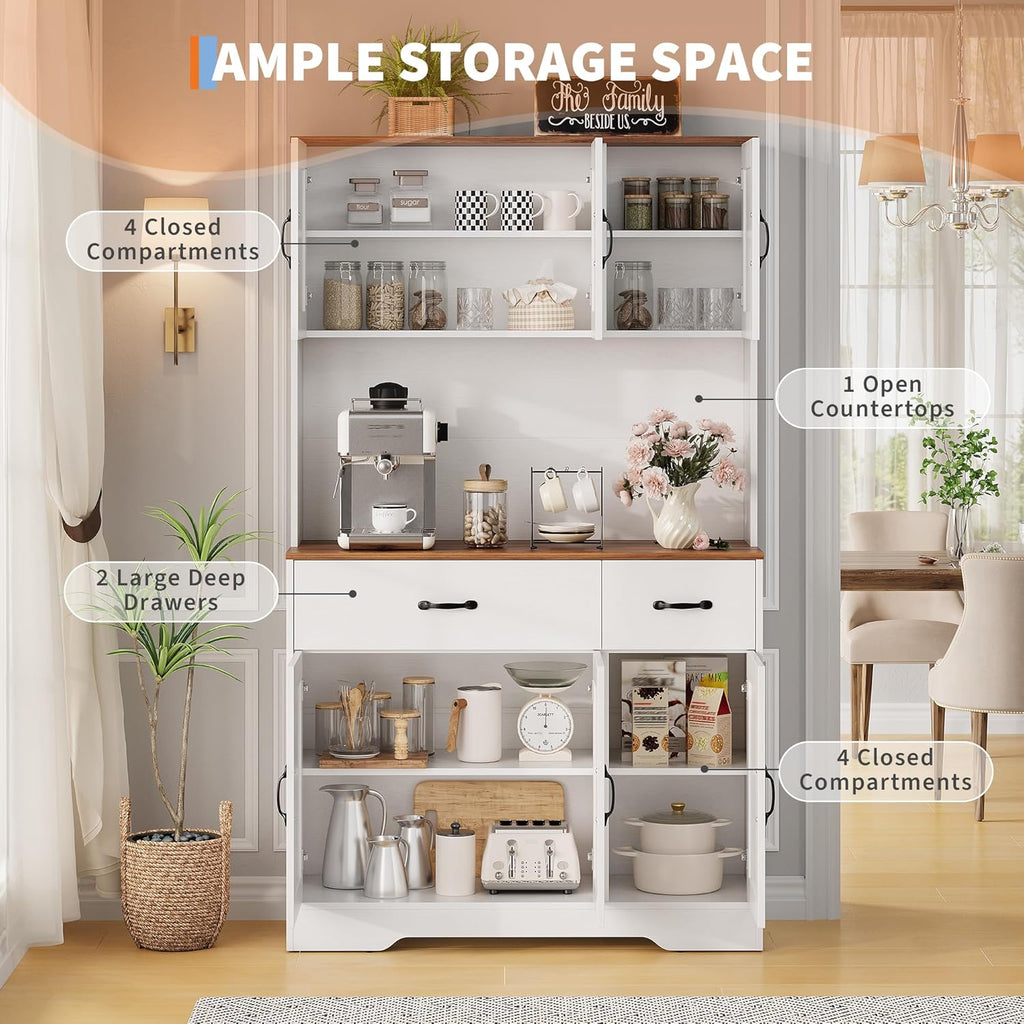 Garvee 71" Kitchen Pantry Cabinet with Charging Station, Kitchen Hutch Storage Cabinet with Large Countertop & 2 Drawers, Wood Farmhouse Food Pantry Cabinet for Dining Room, Living Room, White