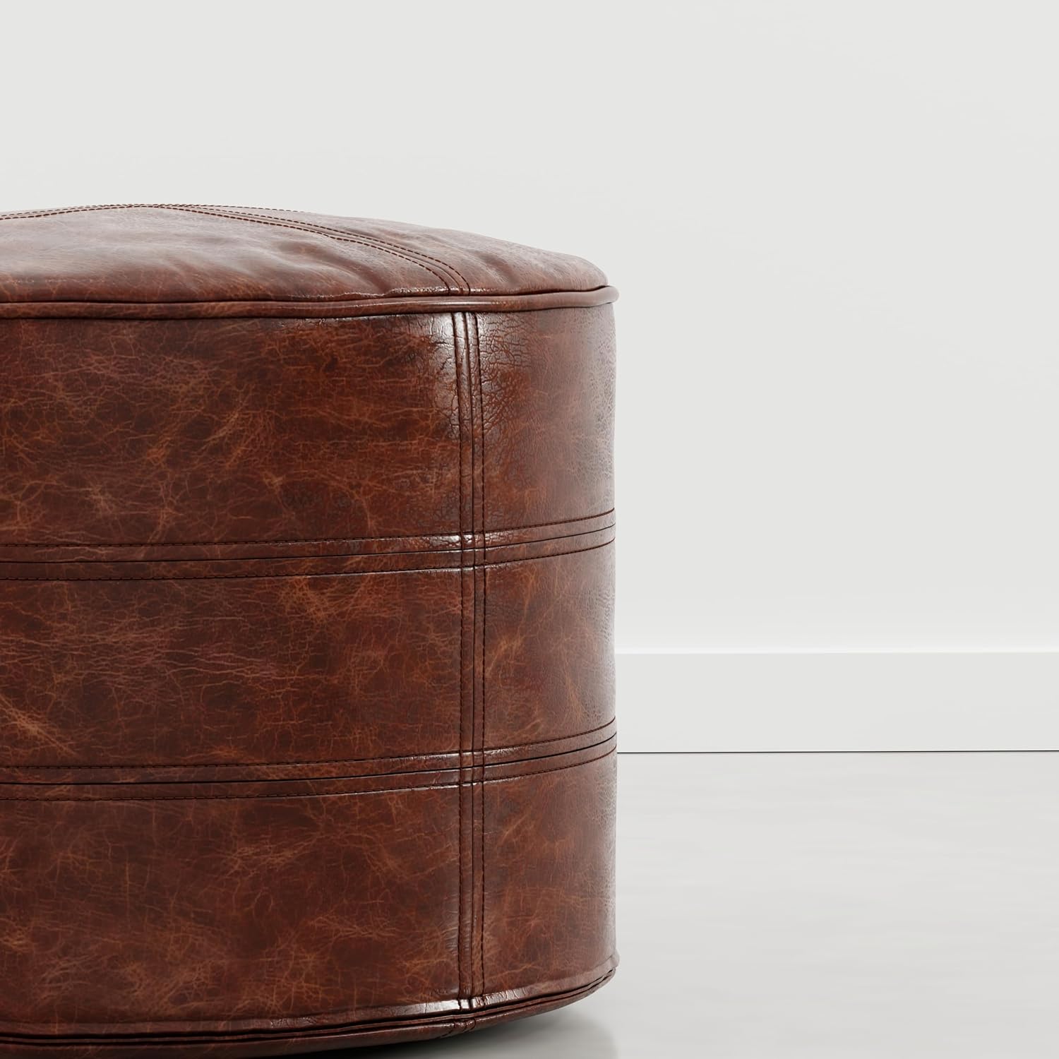 SIMPLIHOME Connor 18" Wide Genuine Leather Round Pouf in Weathered Camel | Boho leather pouf with polystyrene filling; assembled footstool, round ottoman or extra seating for living room or bedroom.