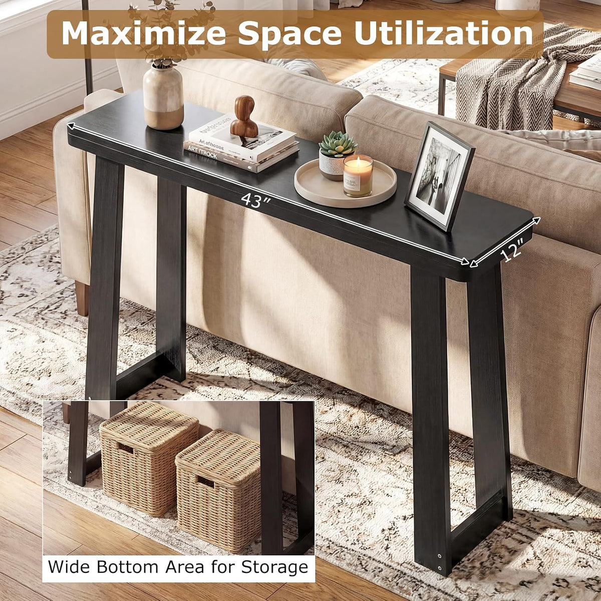 GOFLAME Solid Wood Console Table, 43” Narrow Long Sofa Tables Behind Couch, Rubber Wood, Home Display Accent Table, Farmhouse Entryway Tables for Hallway, Living Room, Foyer, Entry (Black)
