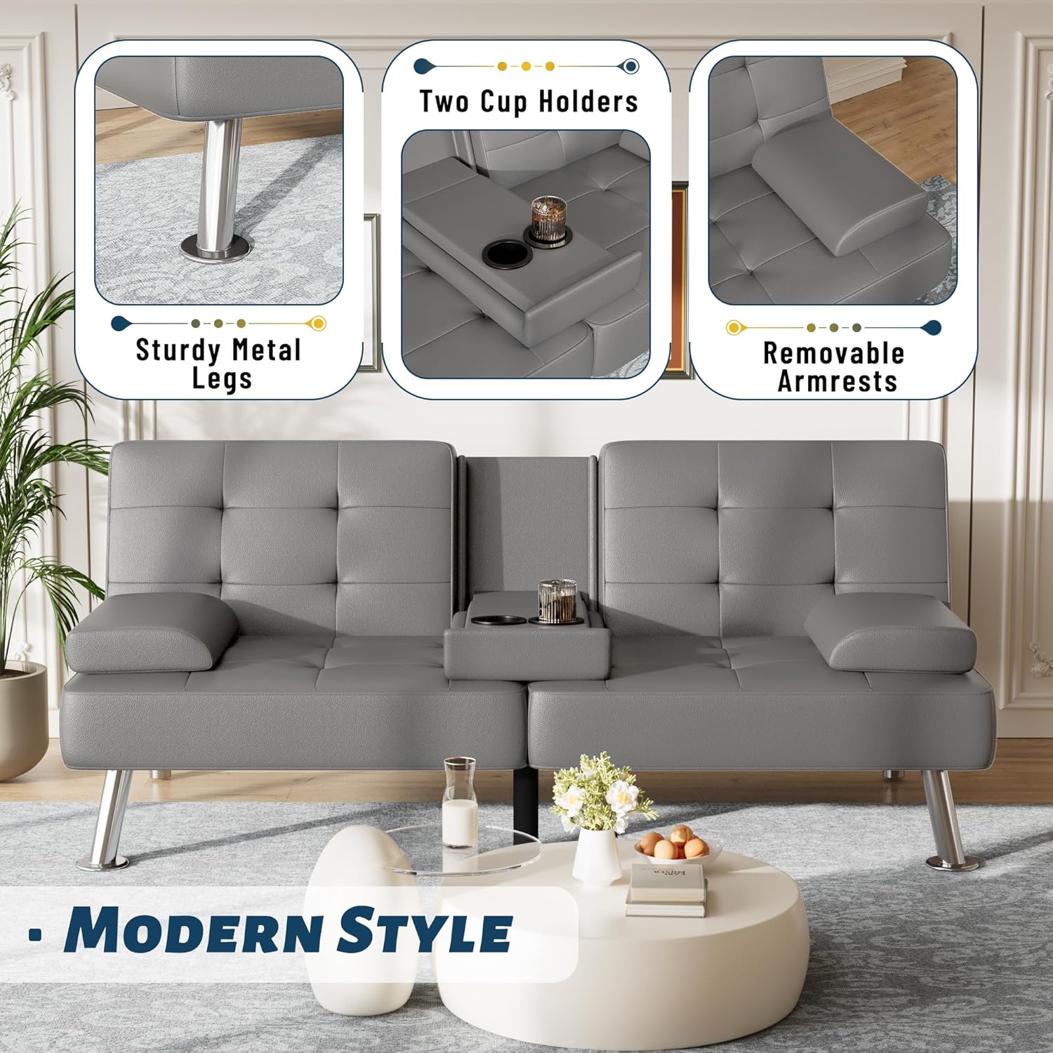 Furmax Futon Sofa Bed Adjustable Futon Couch Sleeper Sofa Bed for Living Room, Business Office, Recliner Sofas with Cup Holders (PU Leather, Gray)