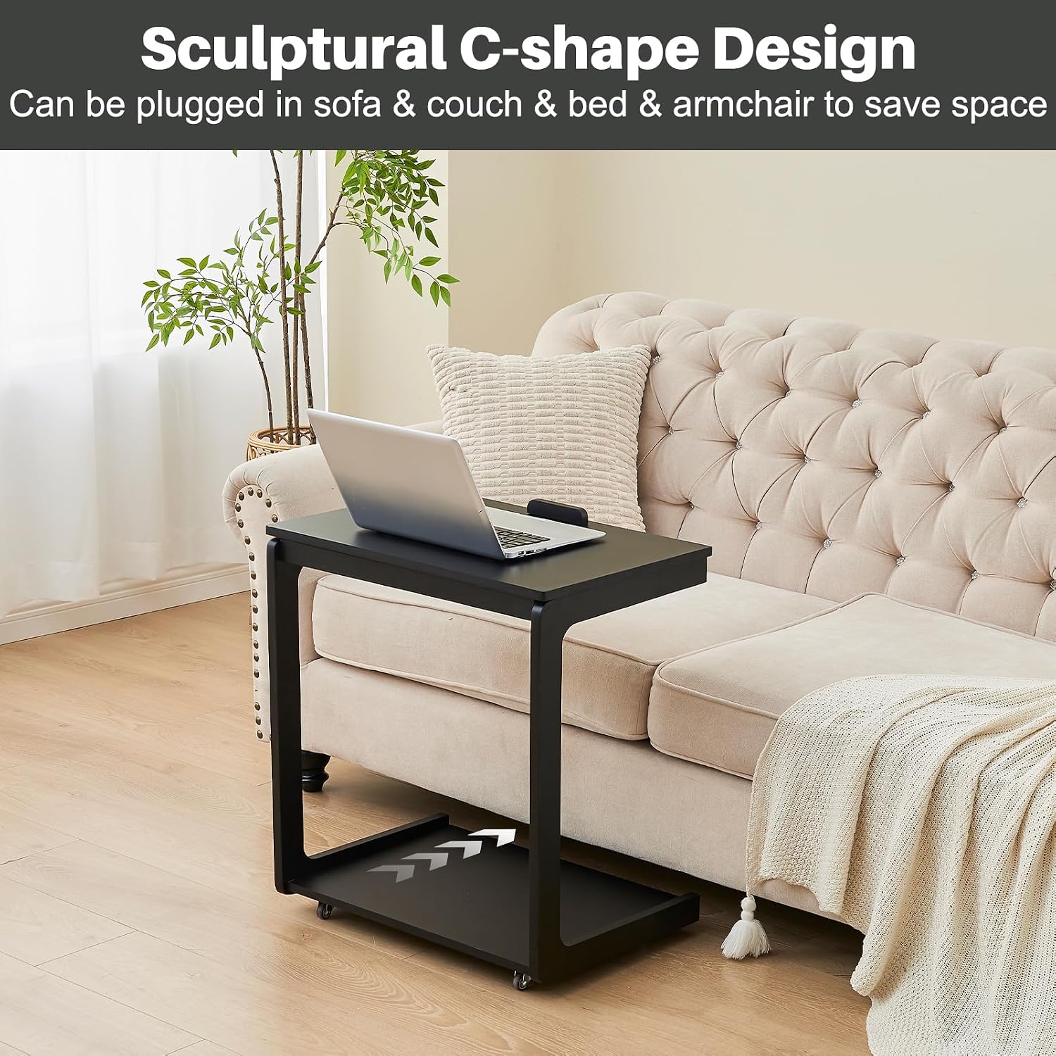 C-Shaped End Table with Wheels - Rolling Side Table for Couch, Solid Wood Modern Adjustable Angles Tv Tray Sofa Tables for Living Room, Bedroom, Home Office, Black, 15.4"D x 23.6"W x 24.8"H