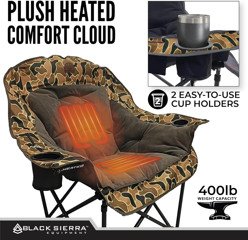 Black Sierra Heated Plush Fleece XL Padded Camping Chair for Adults, Oversized Heavy Duty Folding Seat with 3‑Level Heat & Battery Pack, Supports 400 lbs, Cup Holders & Carry Bag for Camping & RV